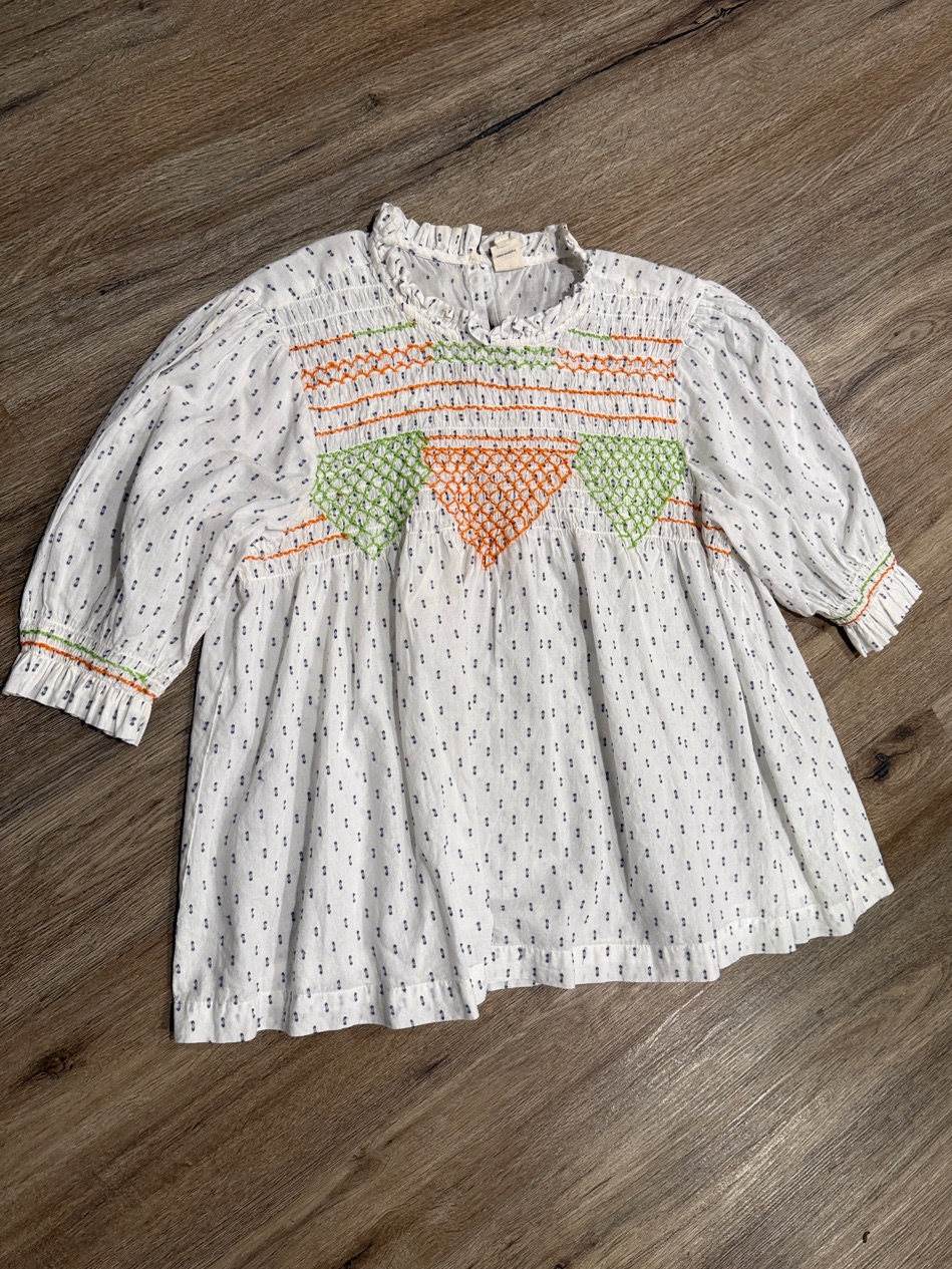 Ivy Jane White Blouse With Navy Dot Design W Orange & Green Smocked Detail